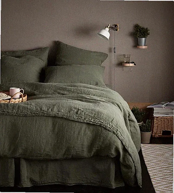 Dark Green Linen Bedding Set, Boho Duvet Cover Set, King Dark Comforter Cover