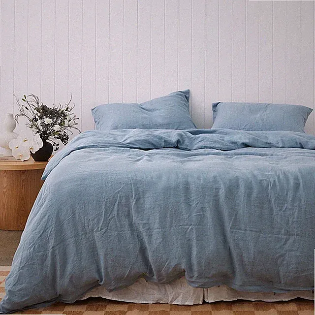 Dusty Blue Linen Duvet Cover And 2 Pillowcase King Twin Size Linen Bedding Set.