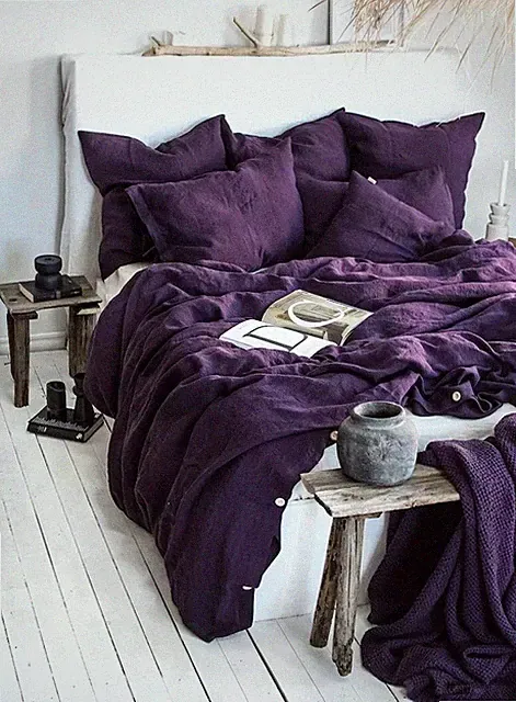 Linen Duvet Cover Purple King Queen Twin Boho Bedding Set, Linen Comforter Cover