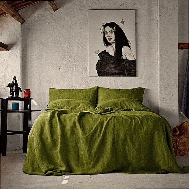 Olive Green Linen Bedding Set, Boho Linen Duvet Cover Set, King Comforter Cover