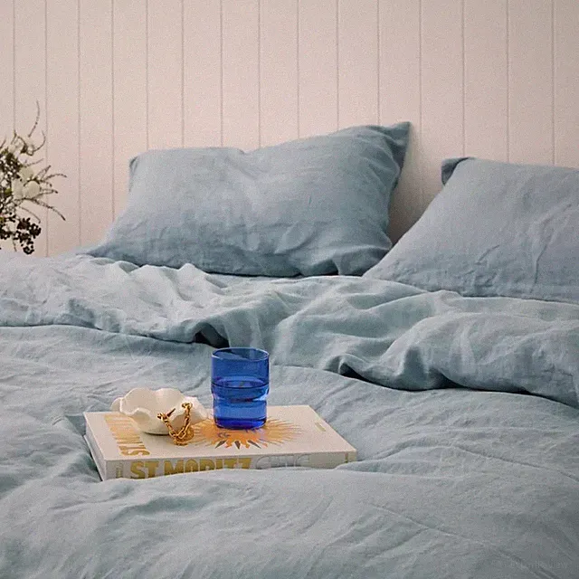 SKY Blue Linen Duvet Cover Set Twin Queen Washed Bedding with 2 Pillow Covers